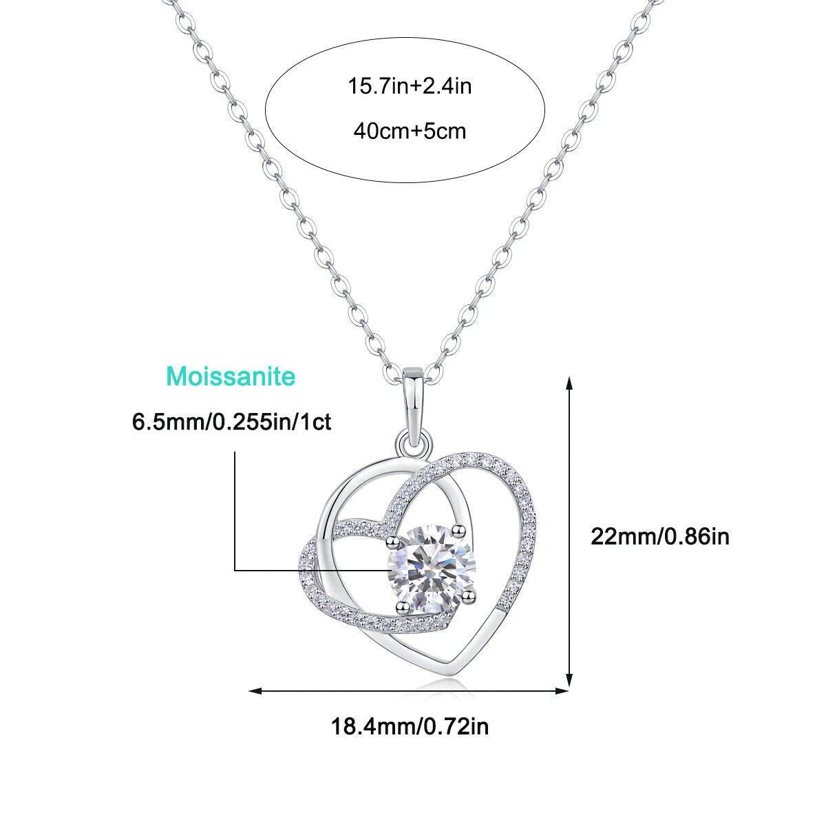 1 Carat Heart to Heart Moissanite Necklace | Platinum Plated 925 Sterling Silver | GRA Certified | 40cm Gift Box