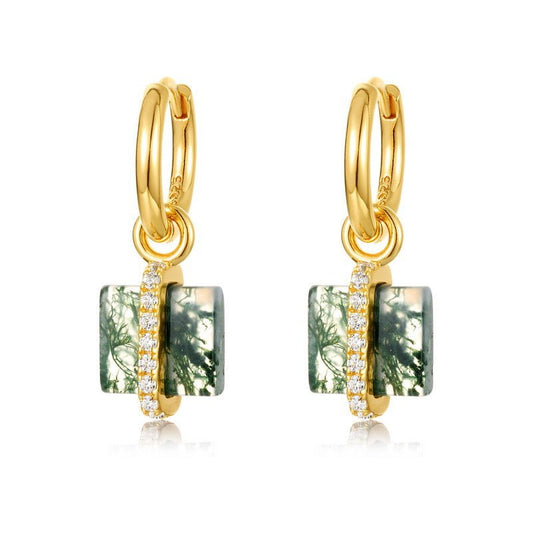 10K Gold Plated 925 Sterling Silver Square Moss Agate Earrings Studs for Women