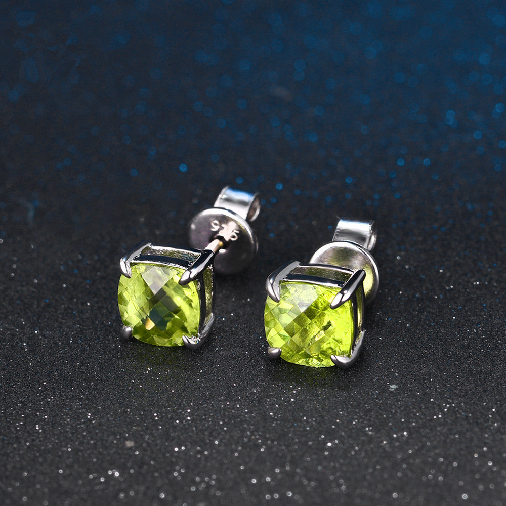 Green Cushion Peridot Stud Earrings 925 Sterling Silver Gold PLated