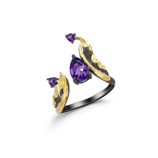 Pear Natural Amethyst Ring 925 Silver