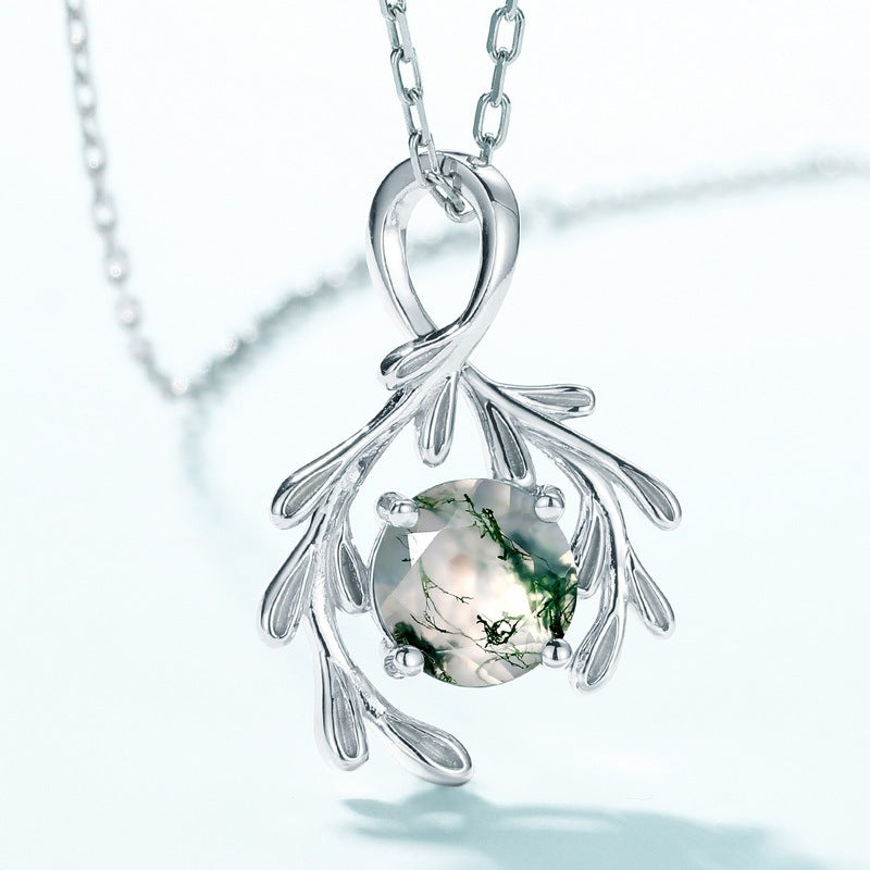 925 Silver Green Moss Agate Pendant Necklace