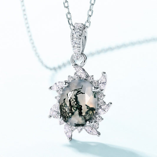 925 Silver Oval Green Moss Agate Necklace Gift for Her