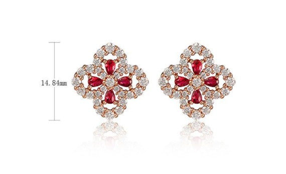 925 Silver Four-leaf Flower Petal Labgrown Ruby Earrings Studs Gift For Her