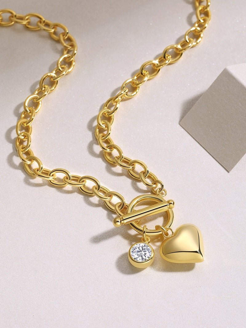 1ct Moissanite Heart Pendant Necklace - 925 Sterling Silver 18k Gold Plated Charm with O/T Chain