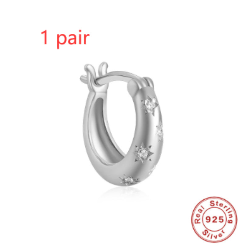 925 Sterling Silver Diamond Five-pointed Star Huggies Hoop Earring