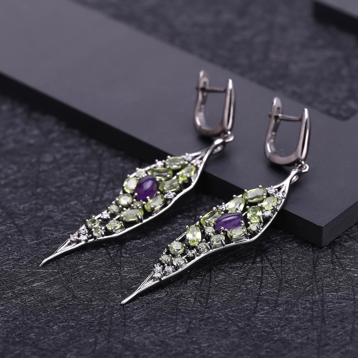 Natural Amethyst Peridot Hoop Earrings 925 Silver Gift for Her