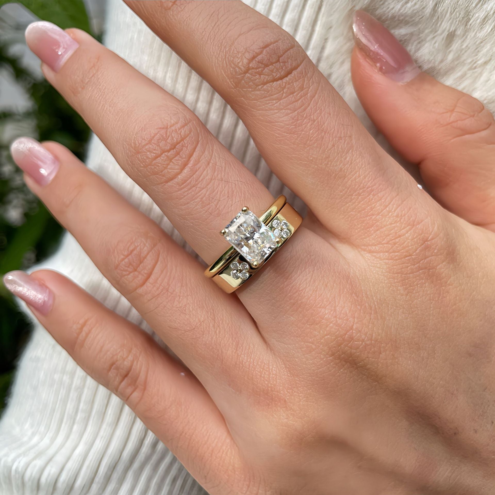 2Ct Emerald Cut Moissanite & Clover Stackable Ring Set in 18K White Gold Plated