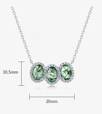3 Stones Oval Natural Moss Agate Pendant 925 Silver Necklace Gift for Her
