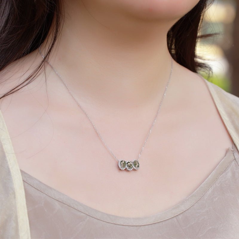 3 Stones Oval Natural Moss Agate Pendant 925 Silver Necklace Gift for Her