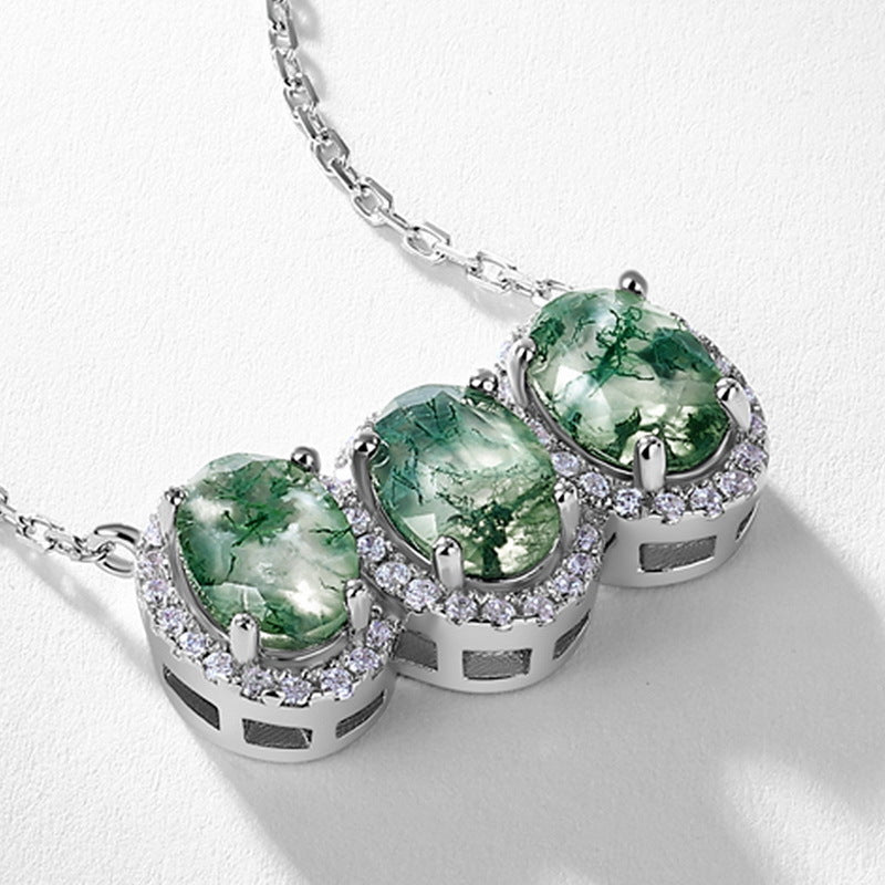 3 Stones Oval Natural Moss Agate Pendant 925 Silver Necklace Gift for Her