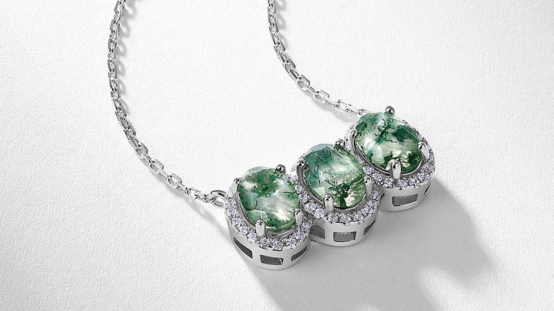 3 Stones Oval Natural Moss Agate Pendant 925 Silver Necklace Gift for Her