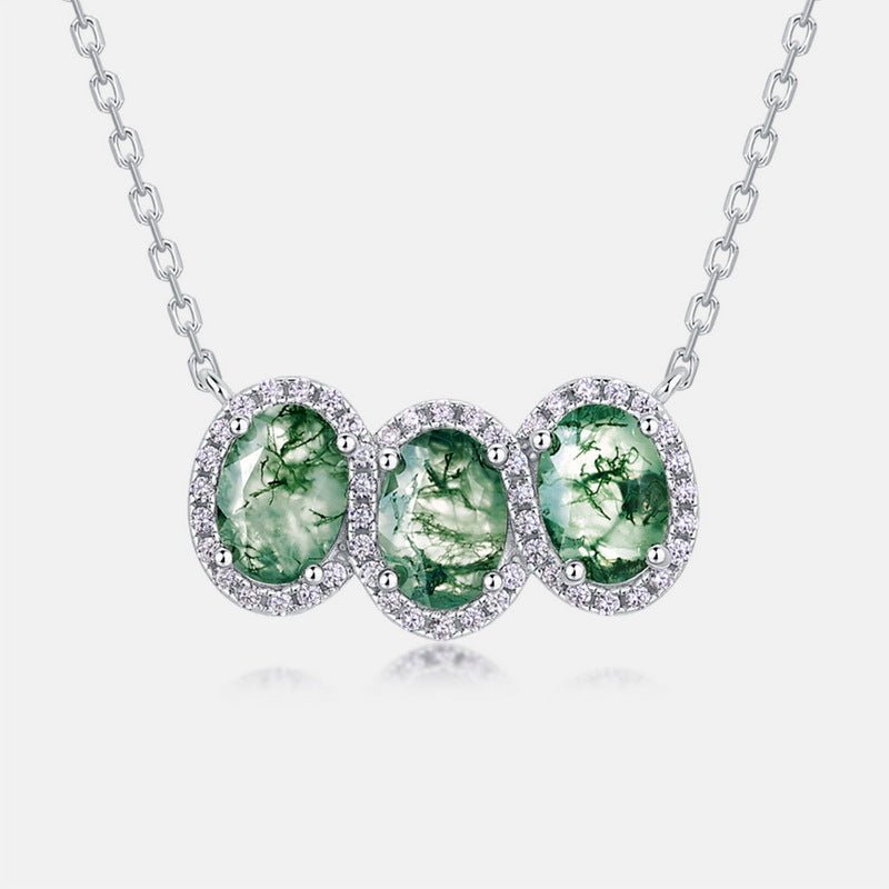 3 Stones Oval Natural Moss Agate Pendant 925 Silver Necklace Gift for Her
