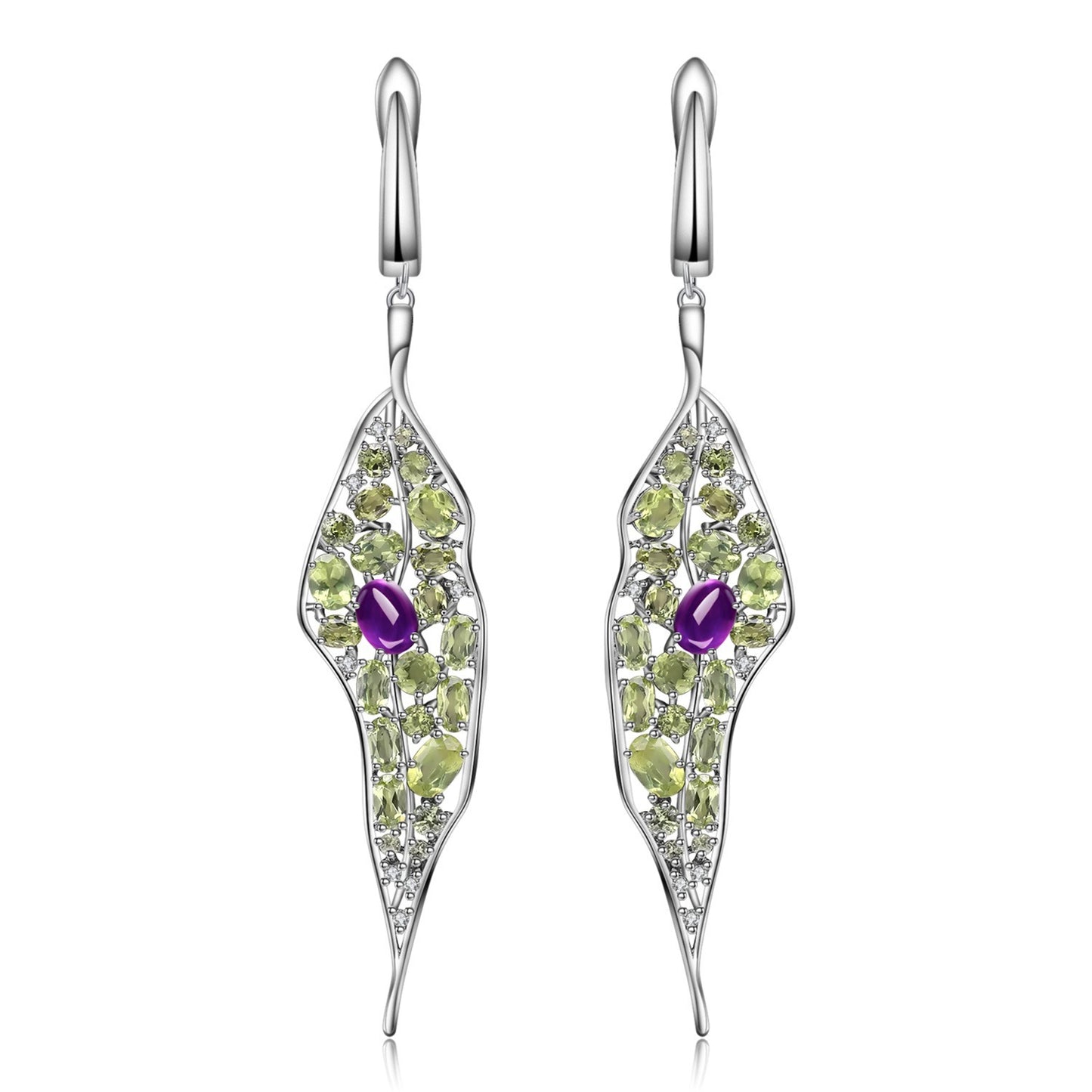 Natural Amethyst Peridot Hoop Earrings 925 Silver Gift for Her