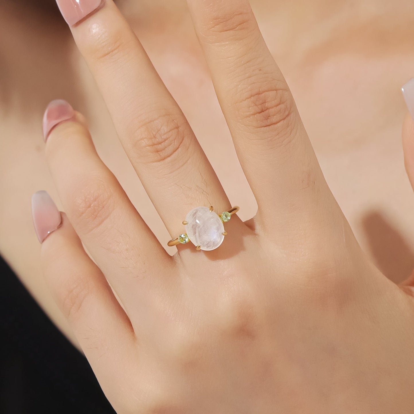 3.5ct Oval Moonstone Ring, Natural Cream Blue Moonstone Solitaire in 925 Sterling Silver