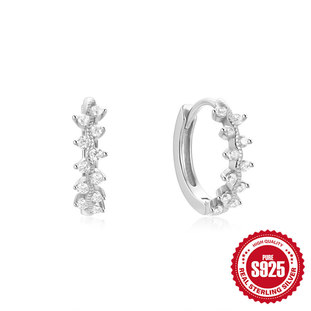 925 Sterling Silver Twisted Element Hoop Huggies Rhinestone Earrings