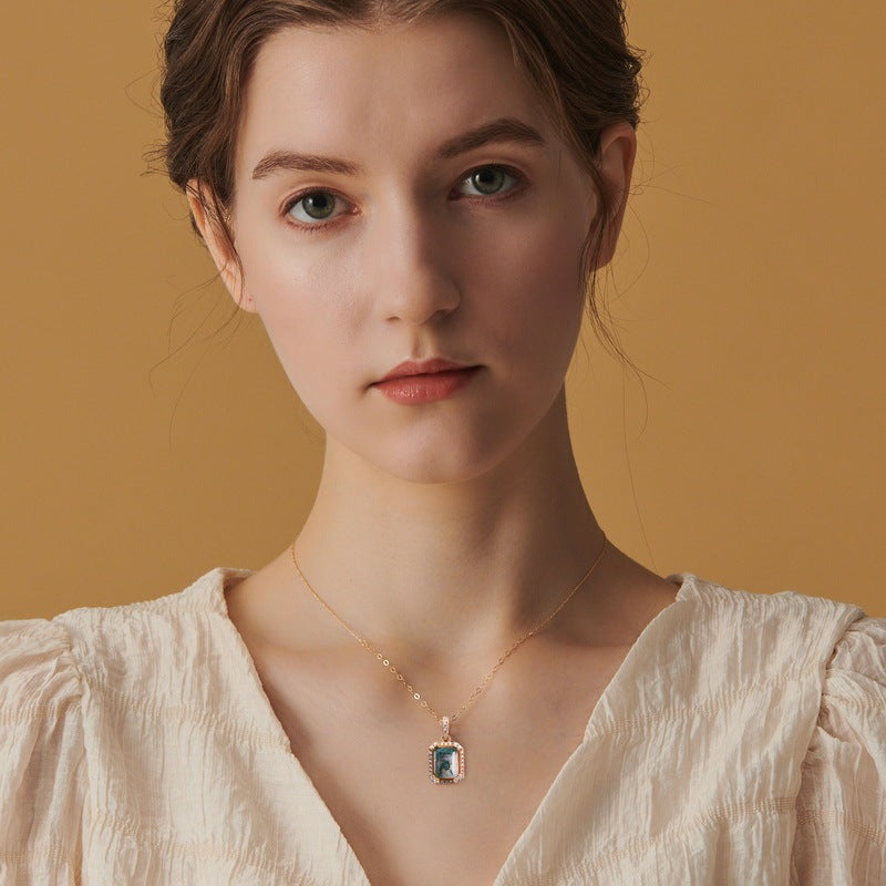 Green Moss Agate Pendant 925 Silver Necklace