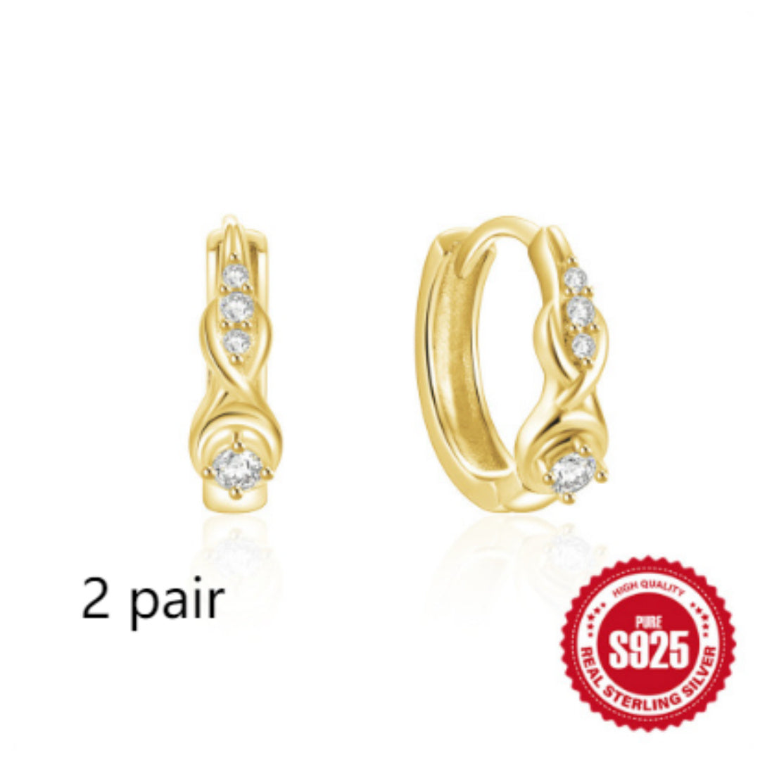 925 Sterling Silver Twisted Element Hoop Huggies Rhinestone Earrings