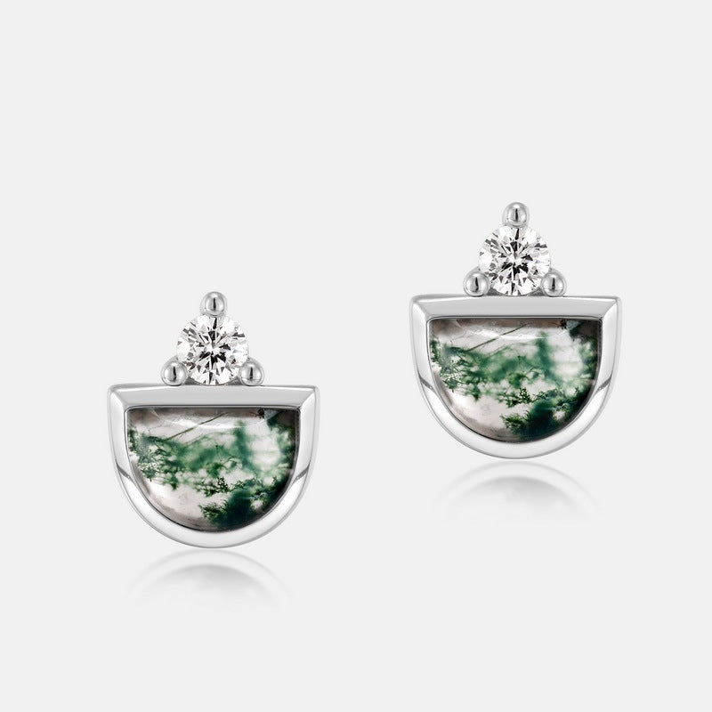 925 Silver Green Moss Agate Stud Earrings
