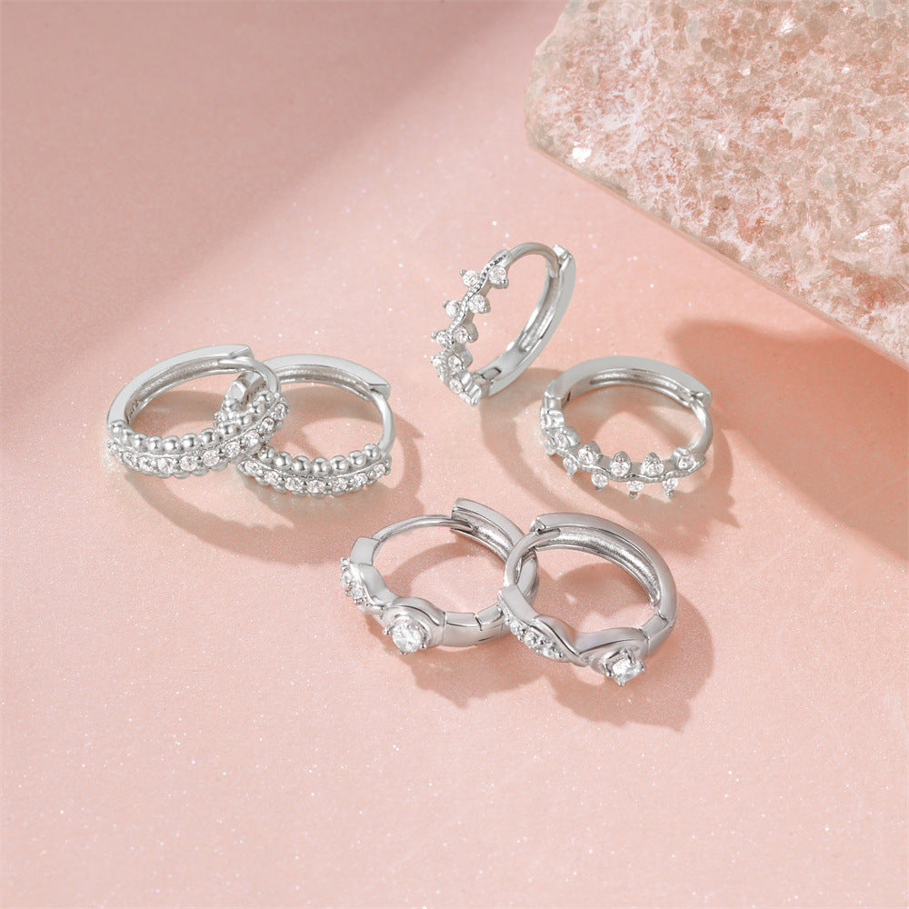 925 Sterling Silver Twisted Element Hoop Huggies Rhinestone Earrings