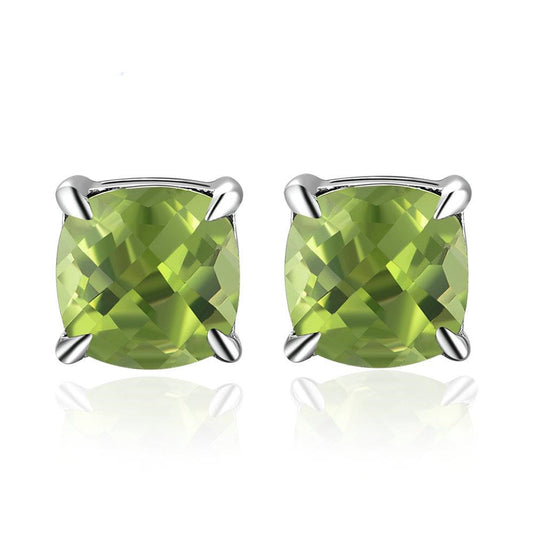 Green Cushion Peridot Stud Earrings 925 Sterling Silver Gold PLated