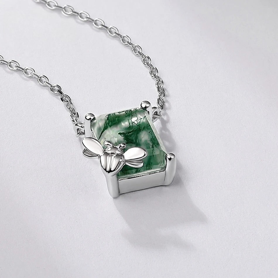 Bee & Moss Agate Pendant Necklace, 925 Sterling Silver Nature Inspired Jewelry Gift