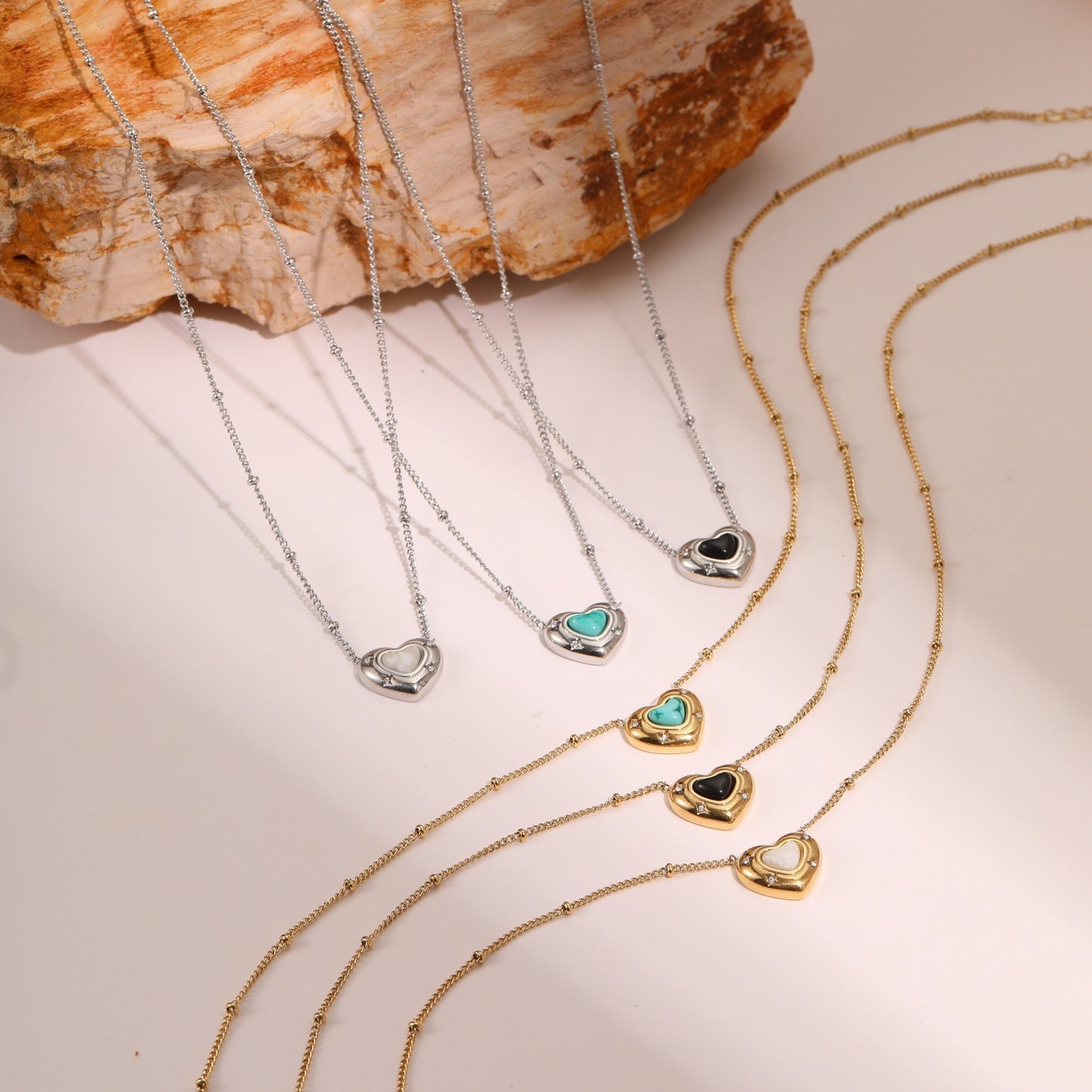 Love Heart-shaped Natural Stone Pendant Titanium Steel Necklace