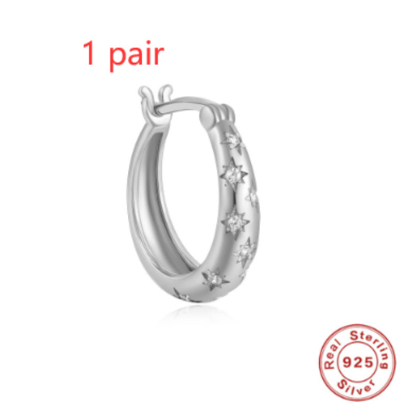 925 Sterling Silver Diamond Five-pointed Star Huggies Hoop Earring