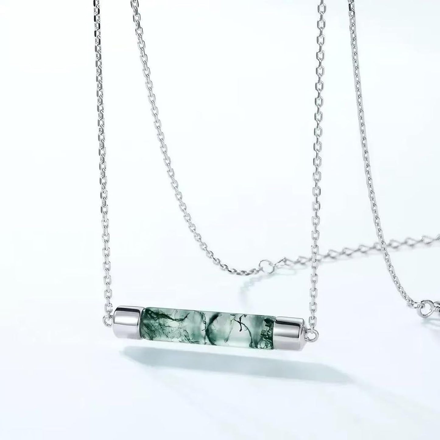 Natural Moss Agate Necklace 925 Sterling Silver Bar Genuine Green Moss Agate Pendant Jewelry Gift