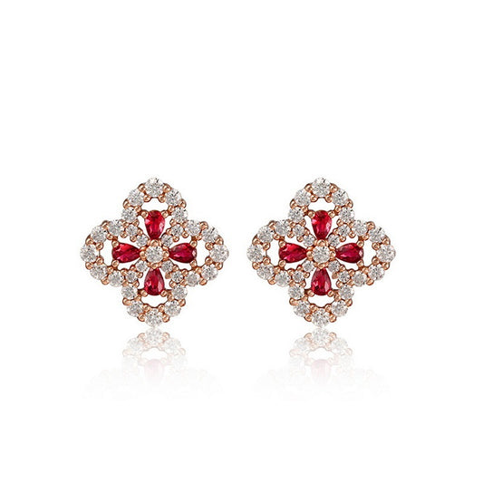925 Silver Four-leaf Flower Petal Labgrown Ruby Earrings Studs Gift For Her