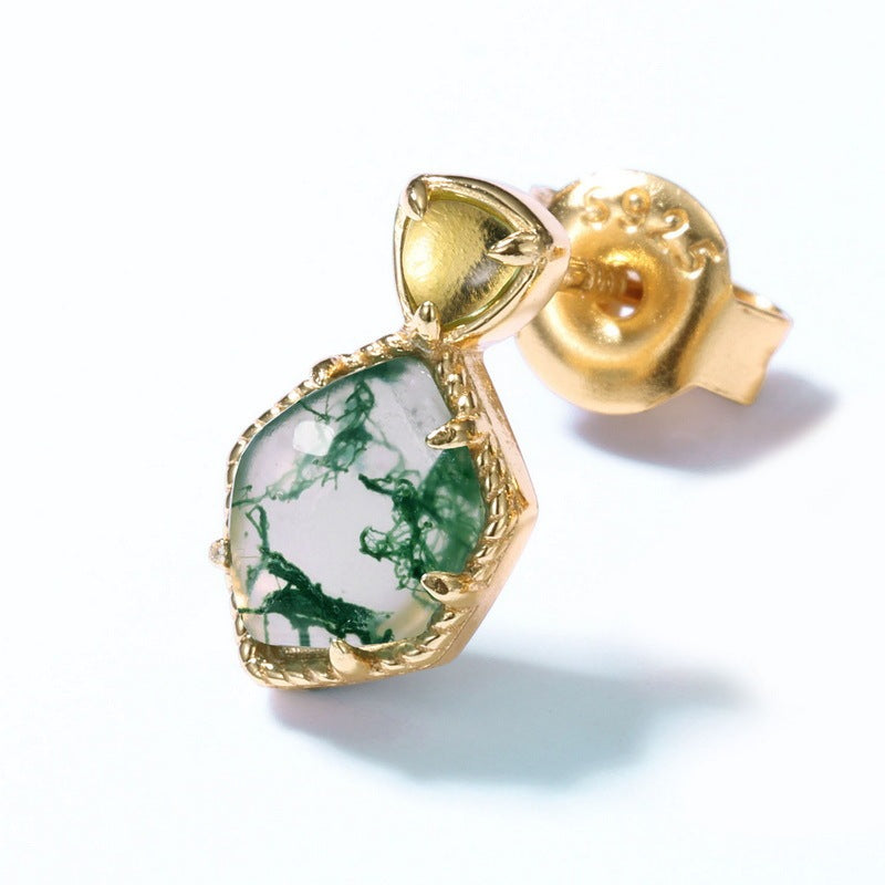 Irregular Green Moss Agate Stud Earrings 925 Sterling Silver Boho Natural Gemstone Jewelry