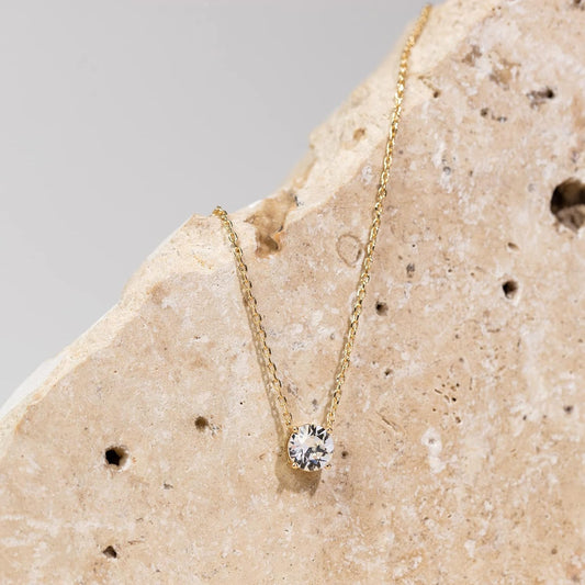 14K Gold Plated Crystal Solitaire 1.5 Carat (7.3mm) Cubic Zirconia Dainty Choker Necklace | Gold Necklaces for Women