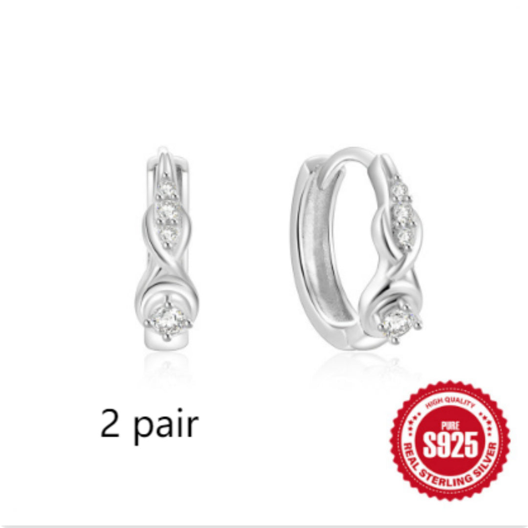 925 Sterling Silver Twisted Element Hoop Huggies Rhinestone Earrings