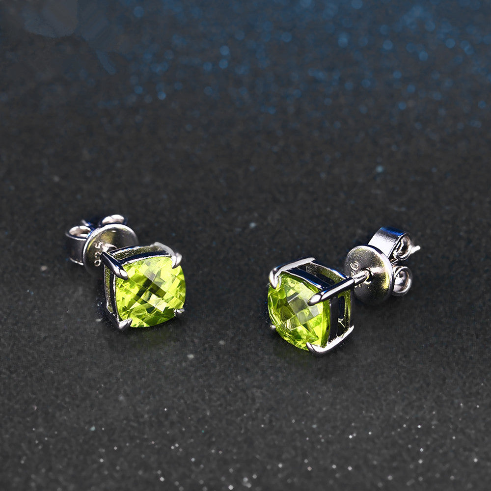 Green Cushion Peridot Stud Earrings 925 Sterling Silver Gold PLated