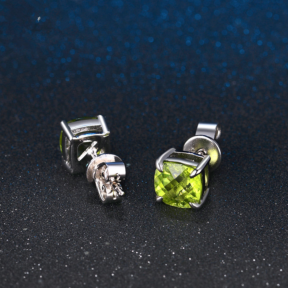 Green Cushion Peridot Stud Earrings 925 Sterling Silver Gold PLated