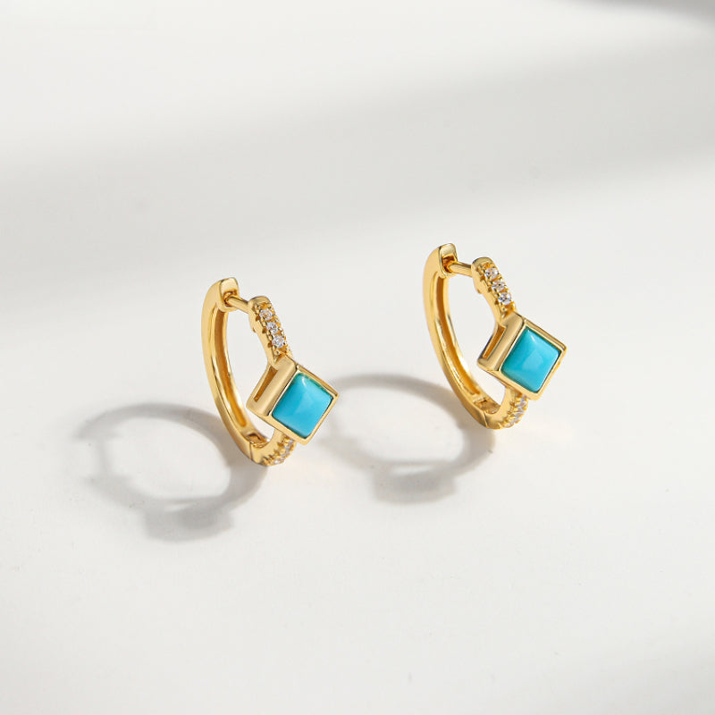 Simple Turquoise Huggie Hoop Earrings, Square Turquoise Sterling Silver Earrings, Gift For Her
