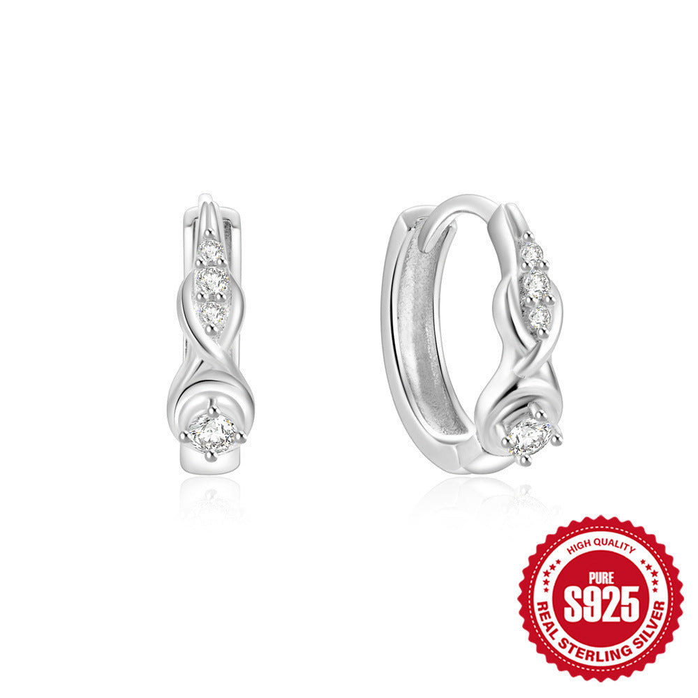 925 Sterling Silver Twisted Element Hoop Huggies Rhinestone Earrings