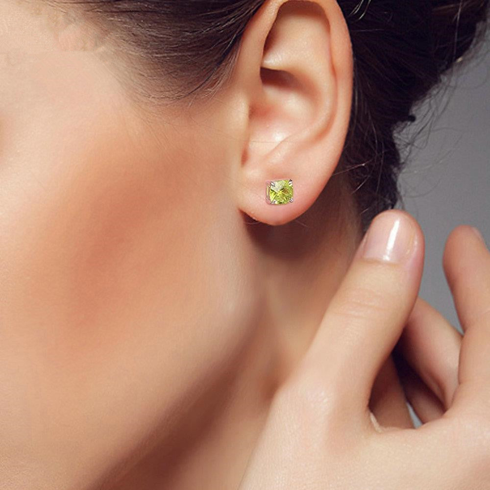Green Cushion Peridot Stud Earrings 925 Sterling Silver Gold PLated