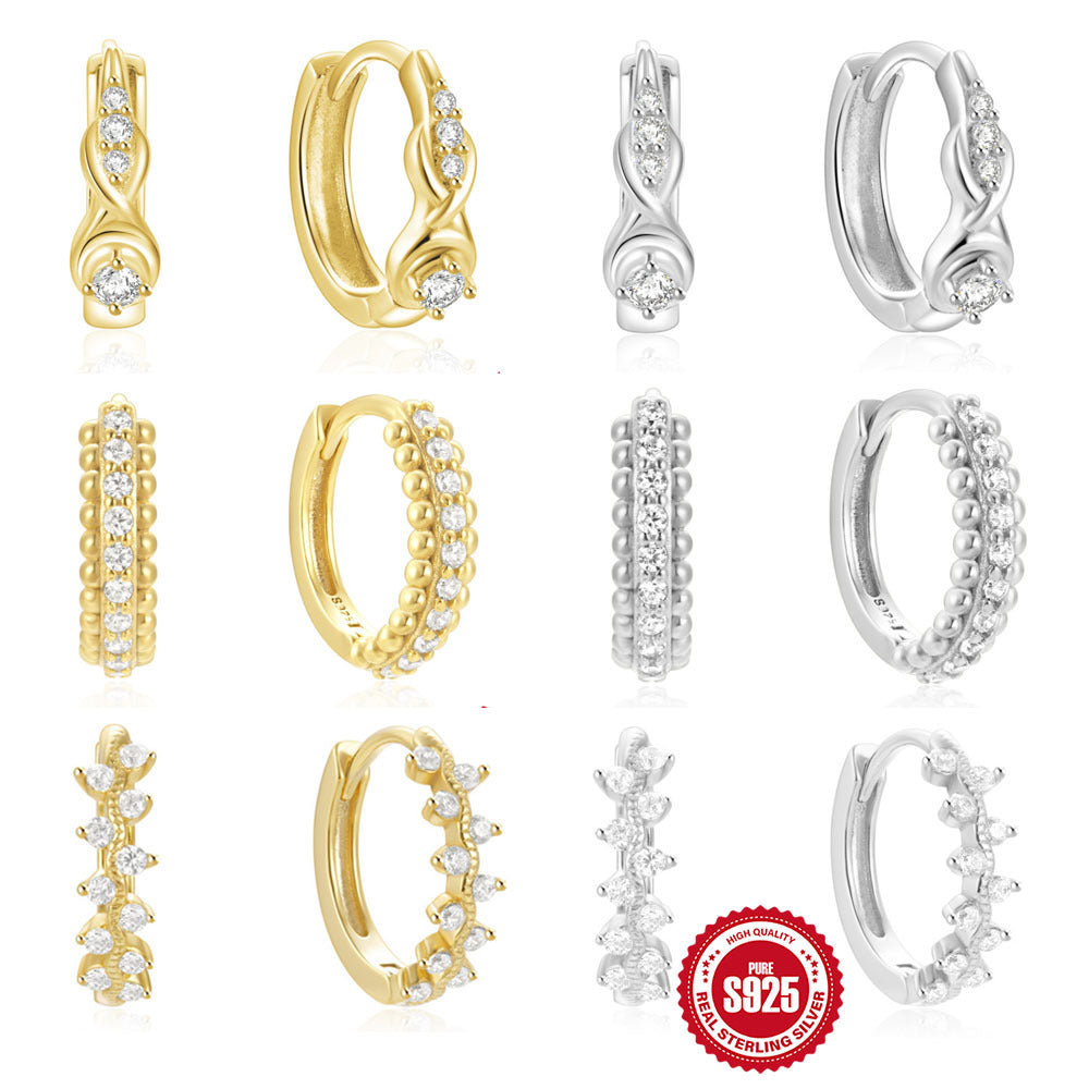 925 Sterling Silver Twisted Element Hoop Huggies Rhinestone Earrings