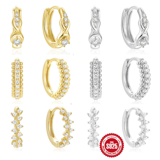 925 Sterling Silver Twisted Element Hoop Huggies Rhinestone Earrings