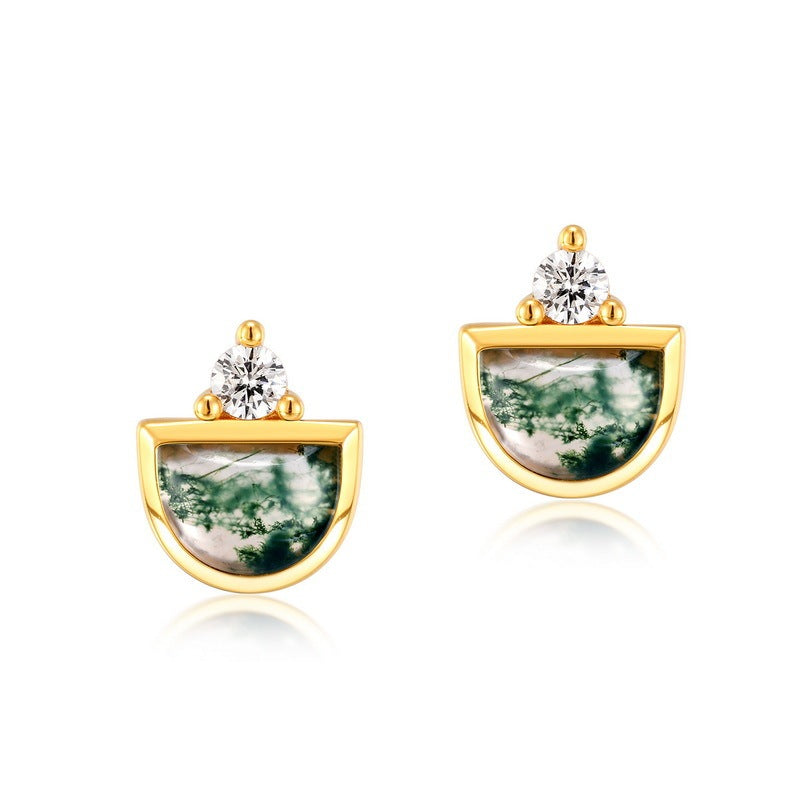 925 Silver Green Moss Agate Stud Earrings