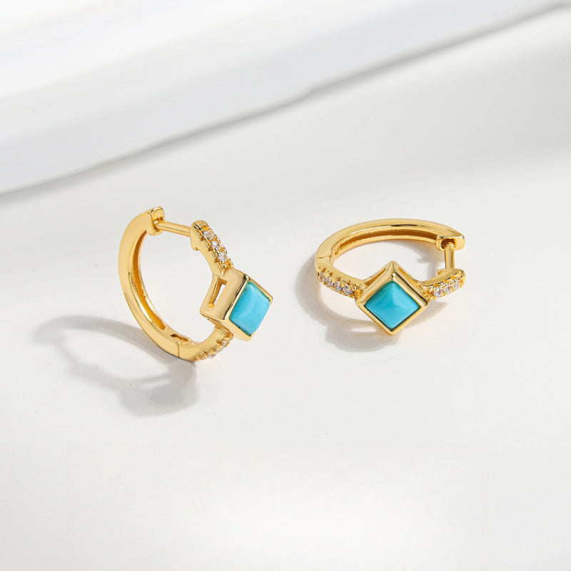 Simple Turquoise Huggie Hoop Earrings, Square Turquoise Sterling Silver Earrings, Gift For Her