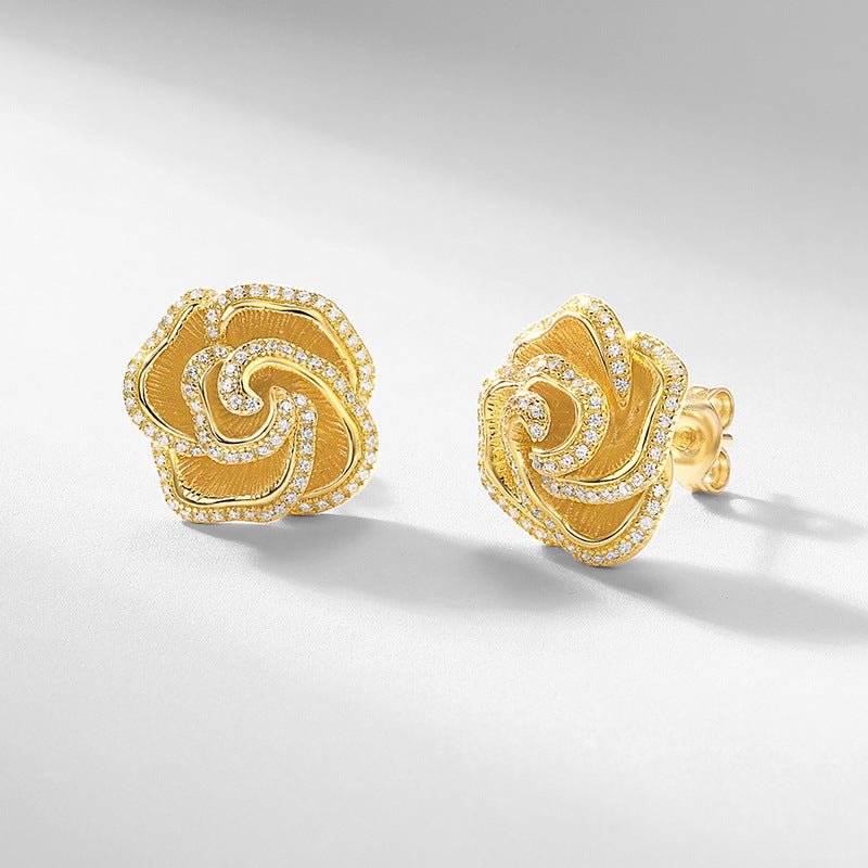 925 Silver Camellia Stud Earrings French Retro Exquisite Hand Brushed