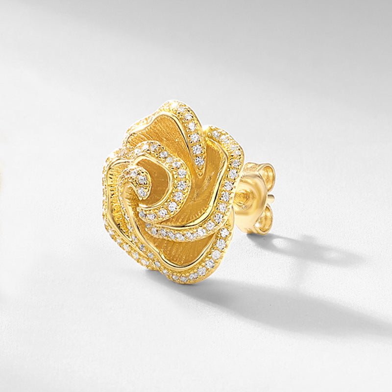 925 Silver Camellia Stud Earrings French Retro Exquisite Hand Brushed