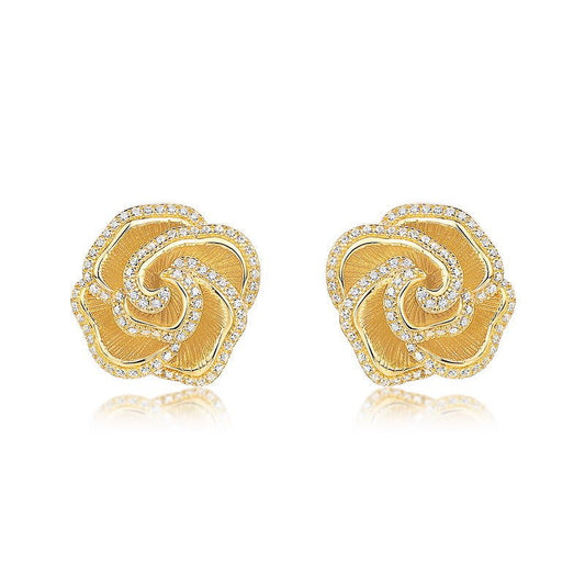 925 Silver Camellia Stud Earrings French Retro Exquisite Hand Brushed