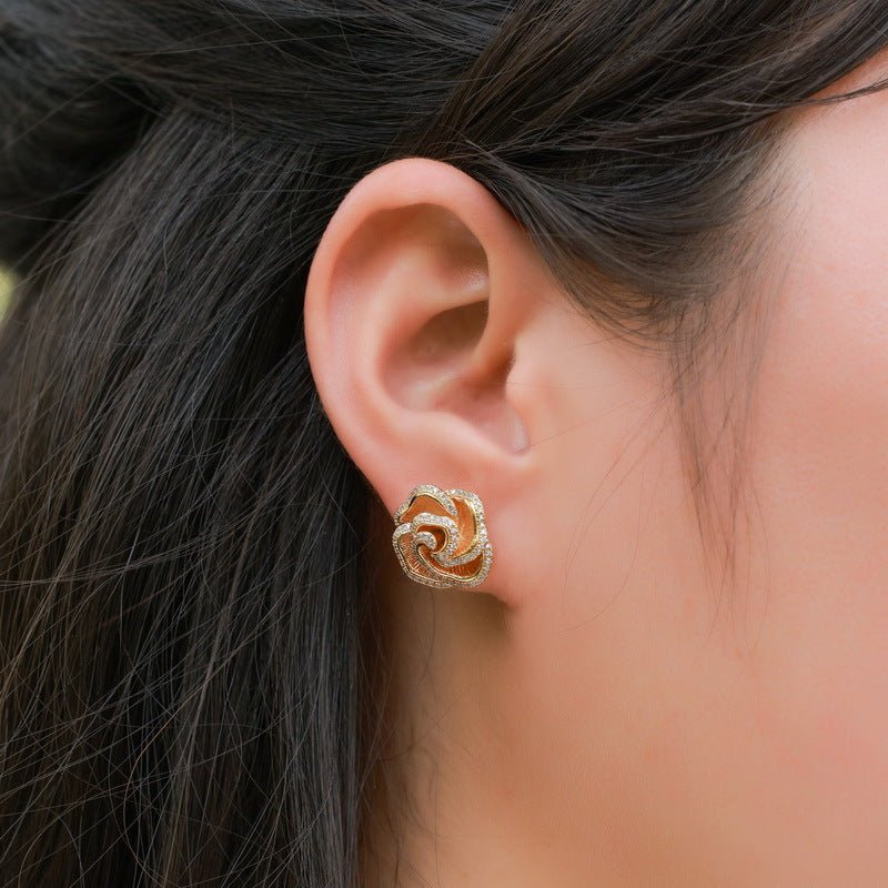 925 Silver Camellia Stud Earrings French Retro Exquisite Hand Brushed