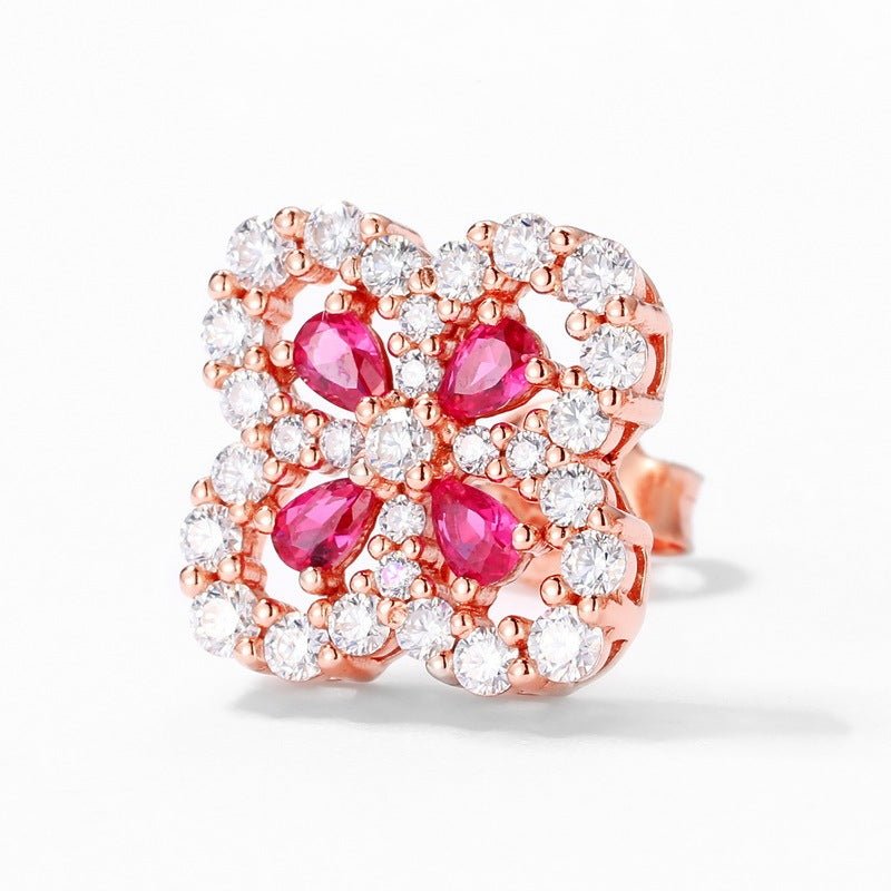 925 Silver Four - leaf Flower Petal Labgrown Ruby Earrings Studs Gift For Her