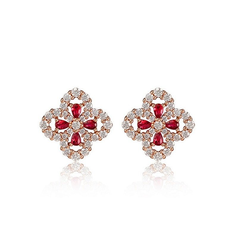 925 Silver Four - leaf Flower Petal Labgrown Ruby Earrings Studs Gift For Her