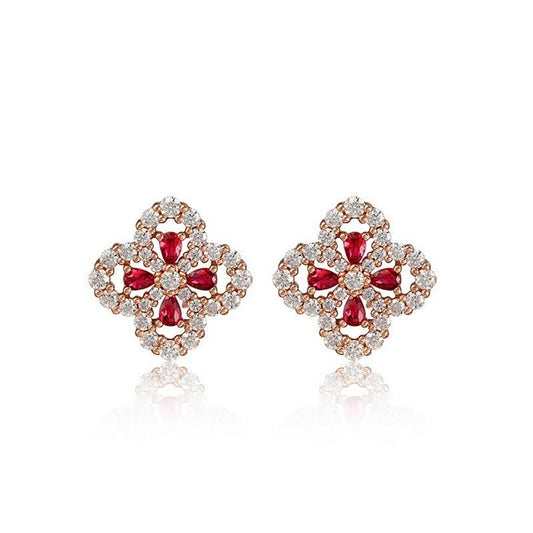 925 Silver Four - leaf Flower Petal Labgrown Ruby Earrings Studs Gift For Her