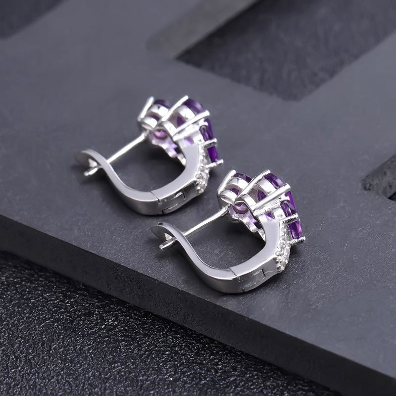 925 Sterling Silver Earrings | 3 Oval Natural Amethyst Stud Earrings for Women