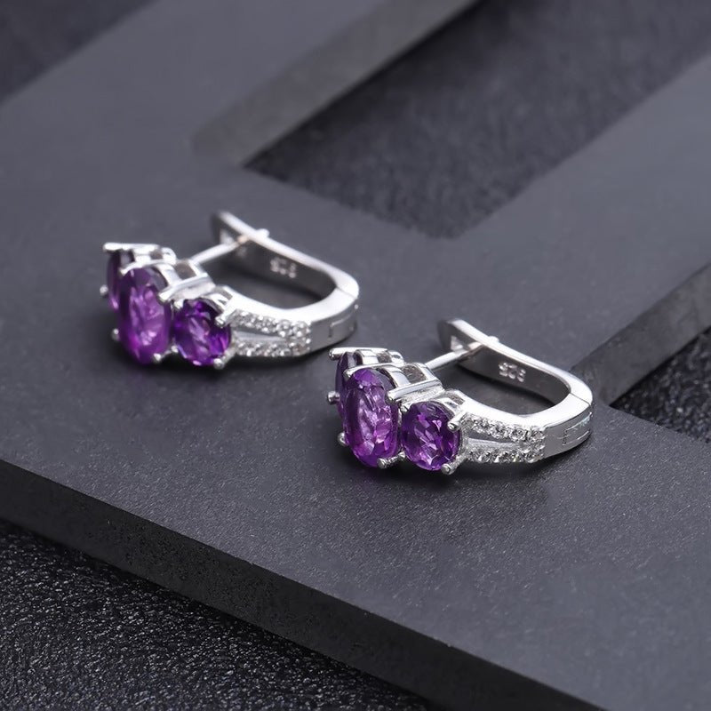 925 Sterling Silver Earrings | 3 Oval Natural Amethyst Stud Earrings for Women